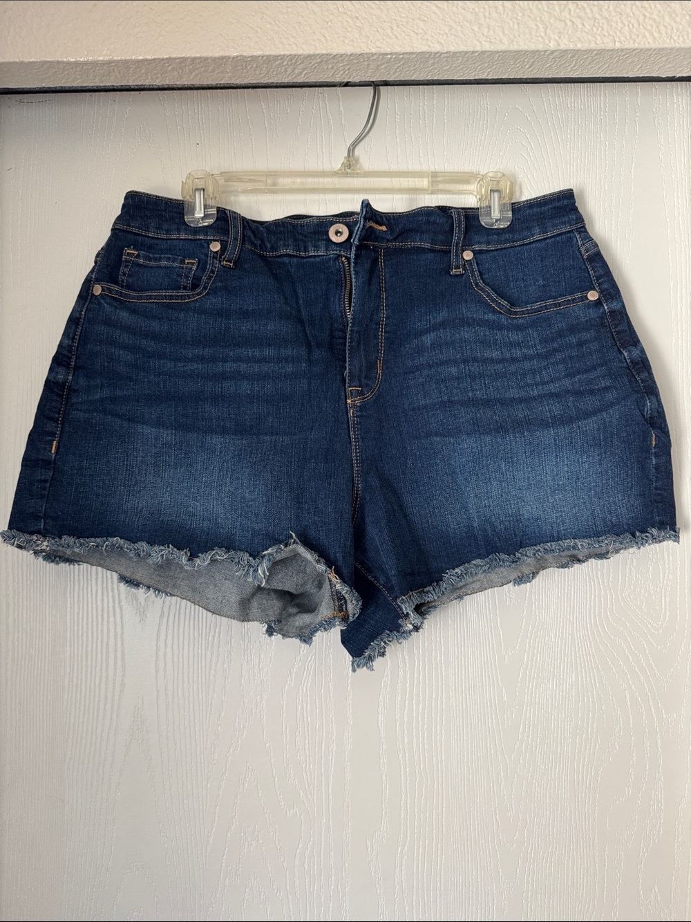 High-Rise Dark Blue Frayed Hem Denim Shorts